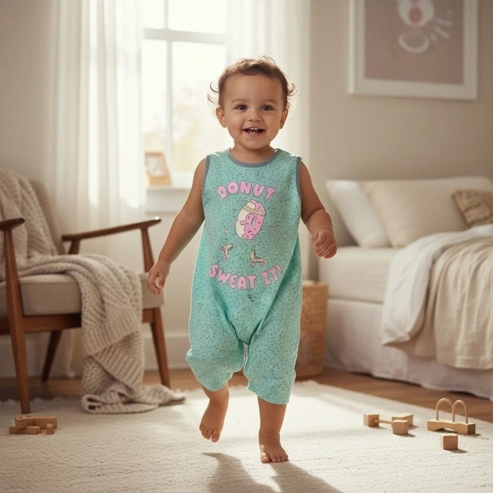 RAGS to Raches Toddler 2T Donut Sweat It Sleeveless Romper‎ Teal  Sprinkle Print